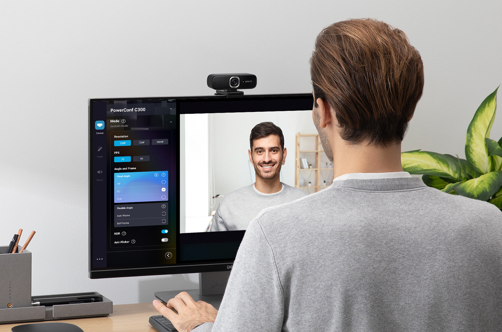 Video conference with a 1080p 60fps webcam, like Anker AnkerWork PowerConf C300.